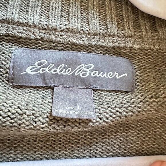 Eddie Bauer Sweater Mens Large 100% Cotton Tan Green 1/4 Zip Pullover Outdoor - Picture 5 of 7